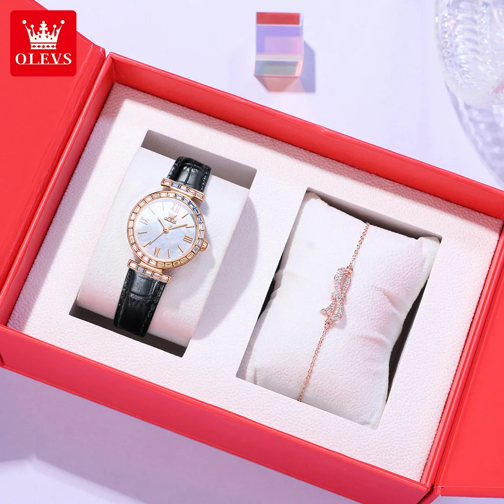 

2Pcs Set Quartz Bracelet Watch OLEVS Luxury Waterproof Leather Strap Ladies Wristwatch Colorful Diamonds Watch for Women