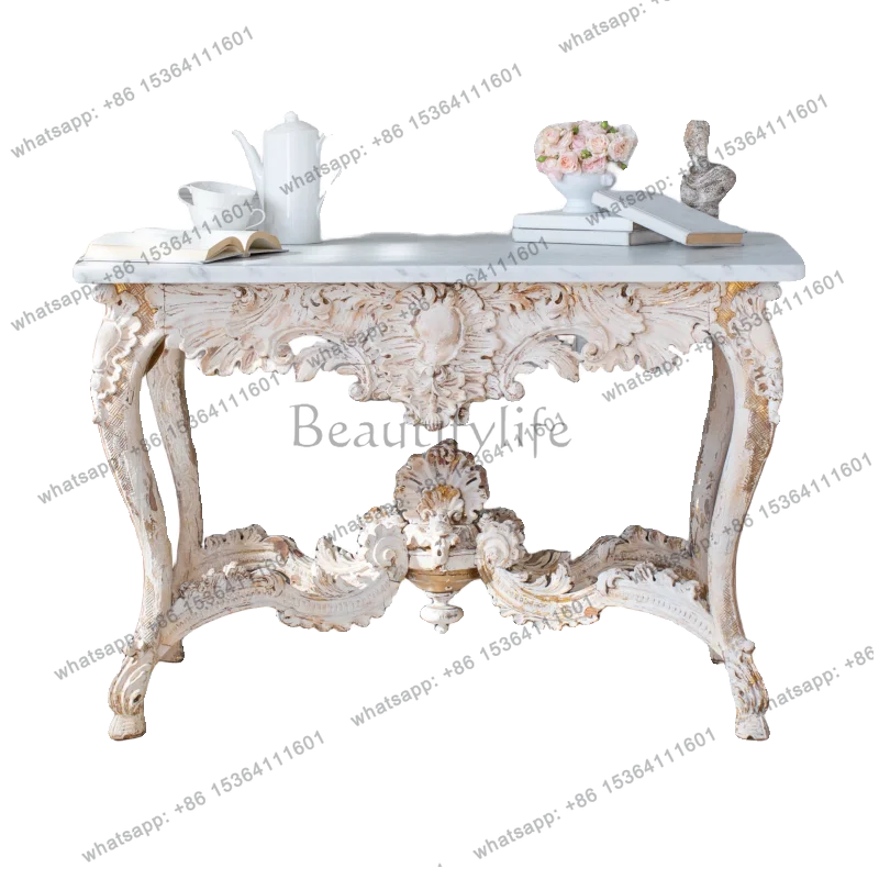 European antique solid wood hand-carved porch foyer entrance table marble