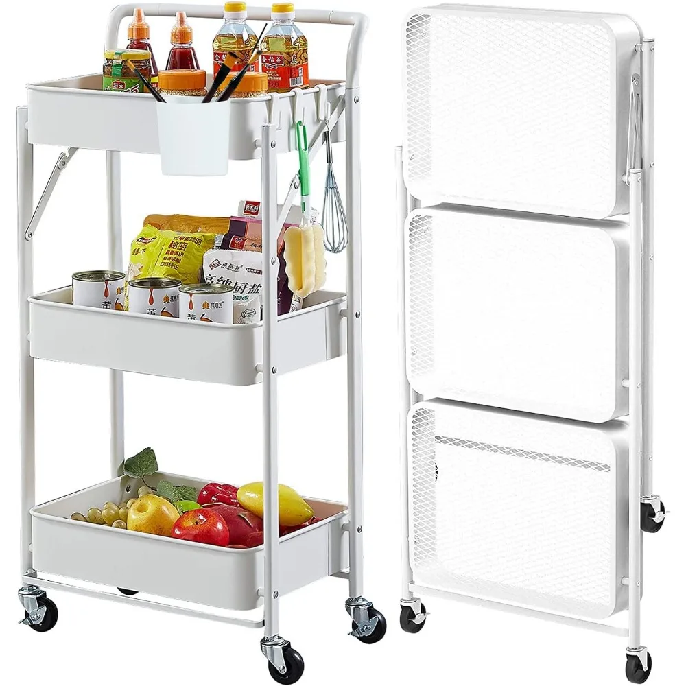 Foldable Storage Cart 3 Tier Rolling Cart Metal Utility Cart with Wheels Assembled Folding Mobile Multi-Function Storage Trolley