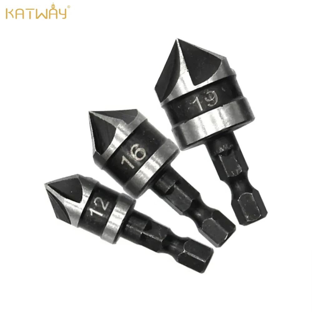 KATWAY 3PC 90 Degree Hexagonal Shank Chamferer Five Blade Countersink Drill 12/16/19mm Woodworking Hole Opener Tool Set HH-AA141