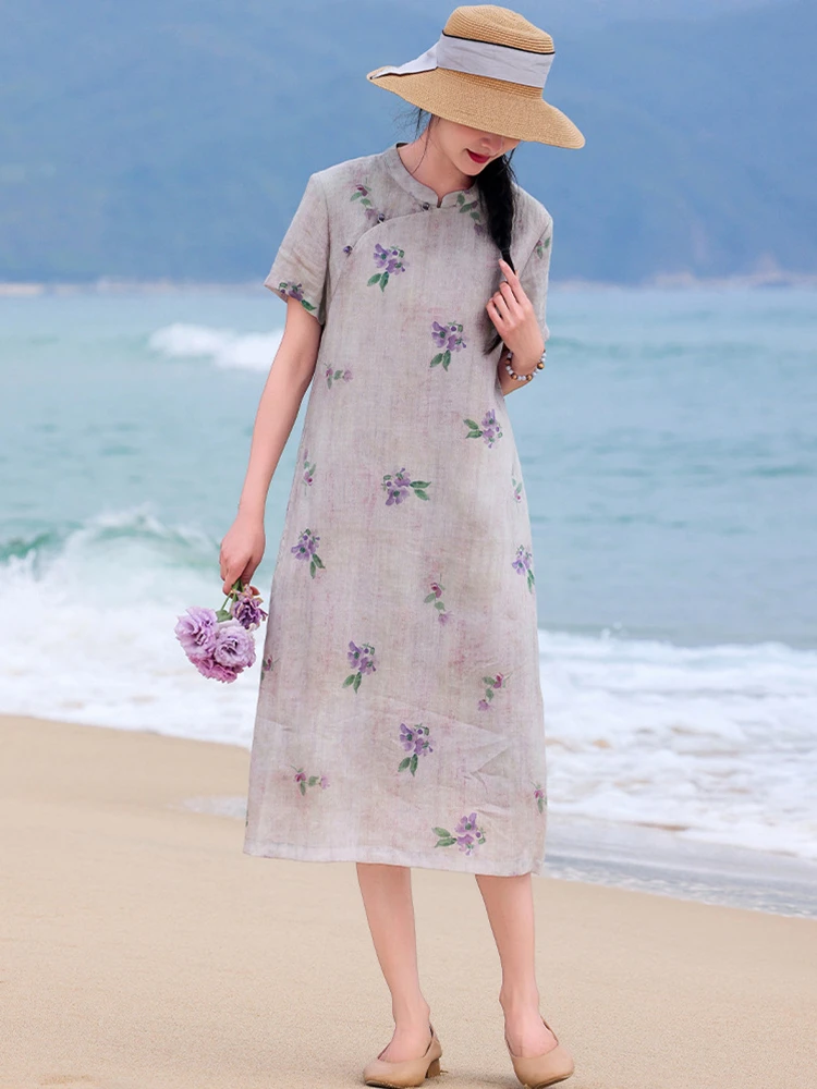 Chinese Style Women Casual Ramie Dress New Arrival 2026 Summer Vintage Floral Print Ladies Elegant Long Cheongsam Dresses M2440