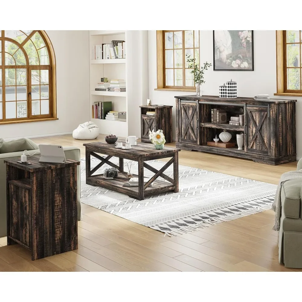 4-Piece Coffee Table Set, Sliding Barn Door TV Stand, Table& Two End Tables, Side Table with Charging Station and USB Ports