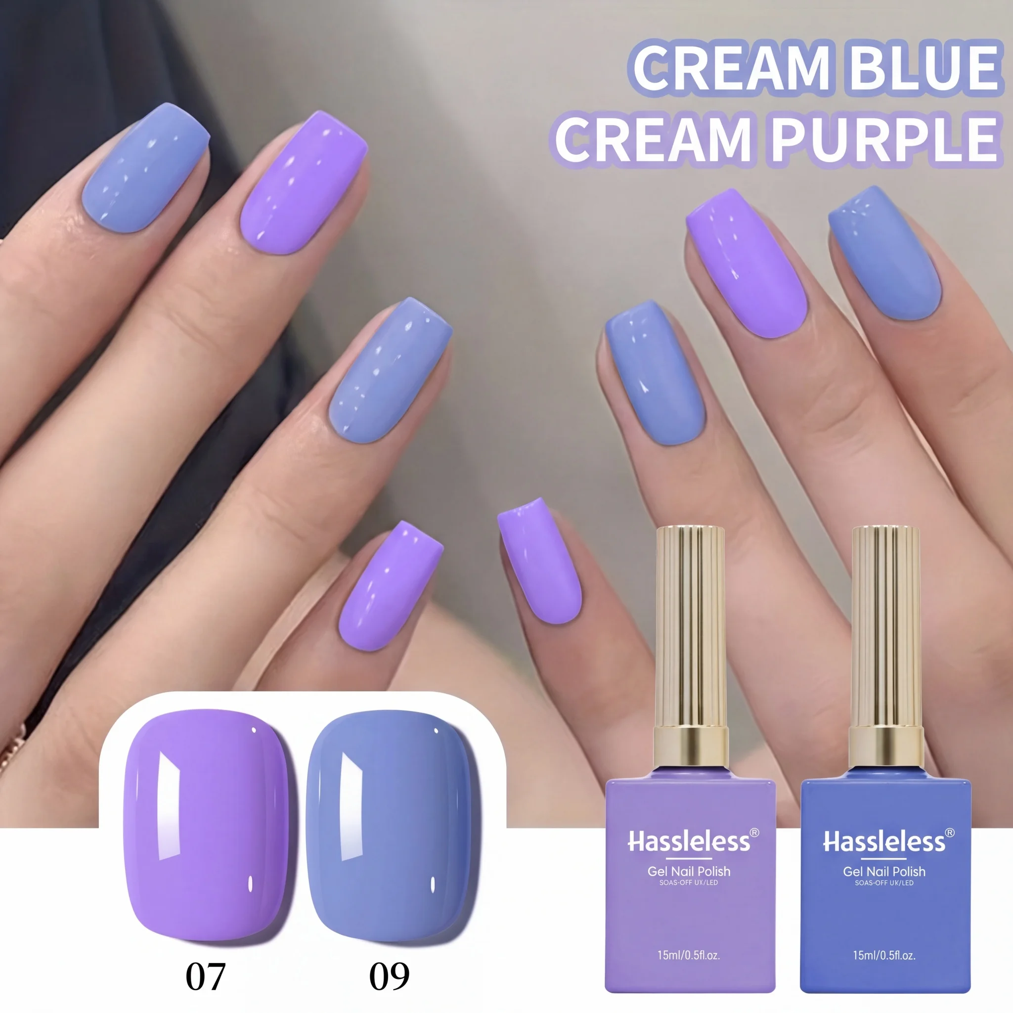 Hassleless 2Pcs Nail Polish Gel Set Creamy Light Blue Taro Purple 15ml Macaron Solid Color Uv Removable Nail Polish Gel Nail Art Gel