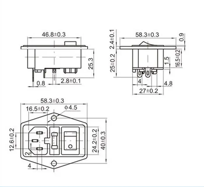 10A250V Einlassmodul Stecker Wippschalter Netzschalter AC Steckdose mit rotem Dreifach-Wippschalter Fused Modul Stecker für 3D-Teil – Detail 2