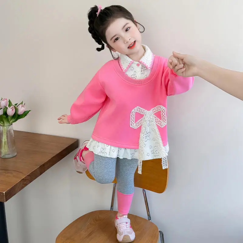 Girls Long Sleeved Lace Collar Pants Suit Girls Spring and Autumn New Bow T Shirt Leggings Children's Shirt Skirt Two Piece Set