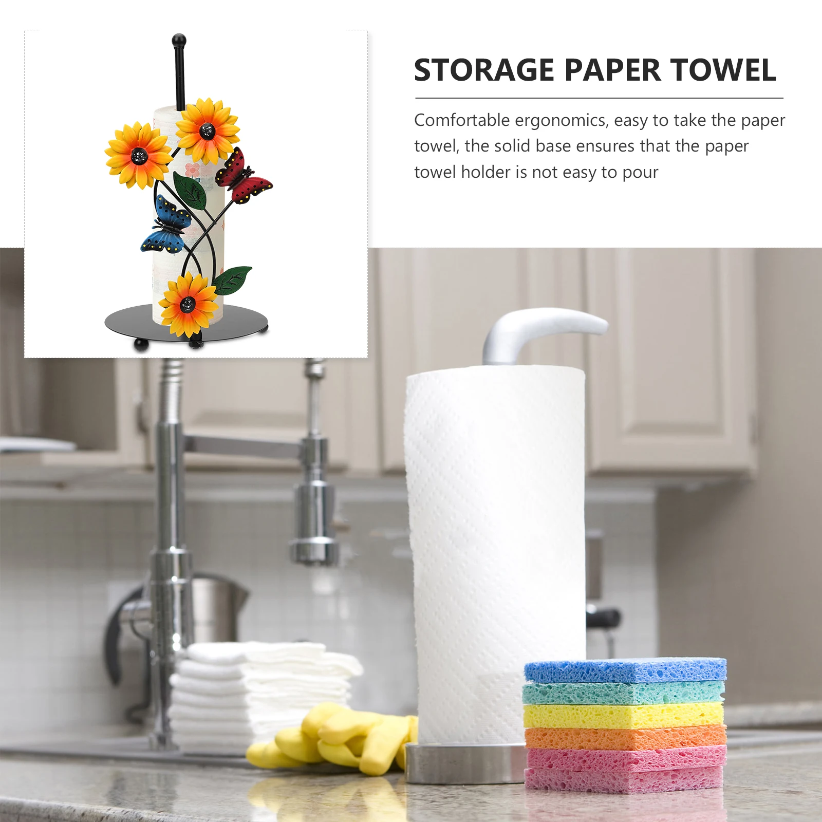 

Iron Paper Towel Holder Sunflower Kitchen Stand Decorate Rack Farmhouse Countertop Metal Storage