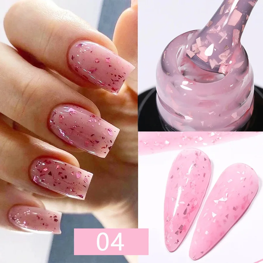 7ml Glitter Rubber Base Gel Polish Pink White Gel Top Coat with Gold Sequins Soak Off UV LED Nail Art Gel Varnish Manicure #GY95