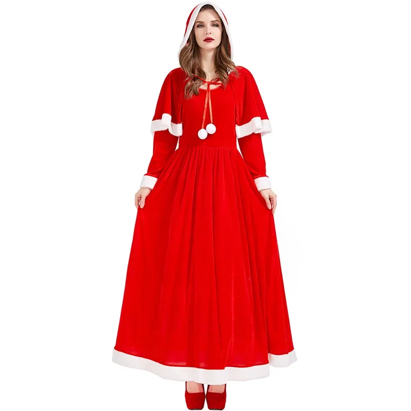 Novo natal deluxe festa vestido vermelho noel palco mostrar desempenho traje natal sra capa + vestido longo tempo de natal cosplay vestido