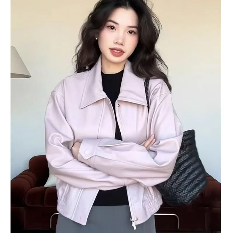 

Women New Lapel Baseball Coat Female Fashion Long Sleeved PU Leather Outwear Spring Autumn Ladies Casual Faux Leather Top Jacket