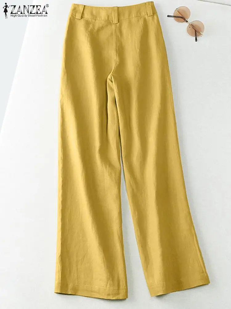 ZANZEA 2025 Spring Summer Fashion Women Pants Cotton Linen Long Trousers Wide Leg Plain Holiday Casual Pants Streetwear Bottoms