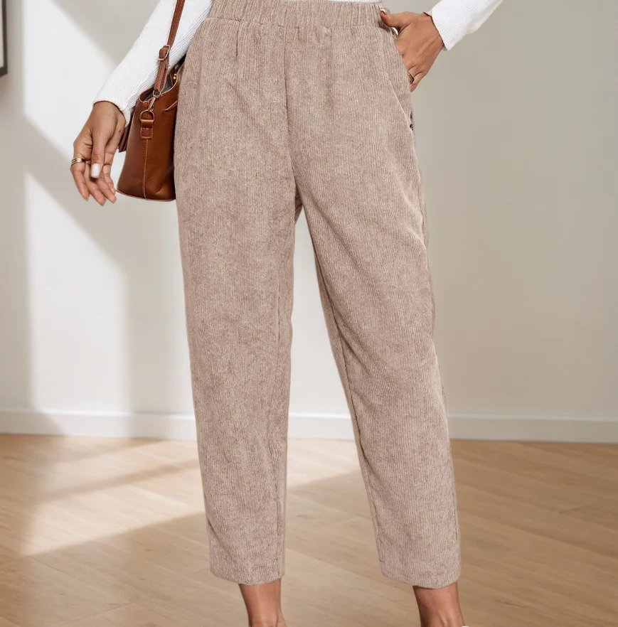 

2025 Autumn and Winter New Solid Color High Waisted Button Decorated Corduroy Straight Leg Pants for Women's Casual Pants