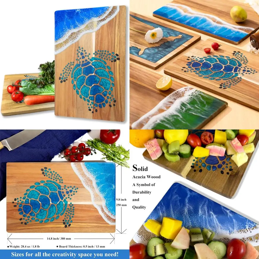 

Разделочная доска из дерева акации на океанской тематике с синей смоляной волной и дизайном морской черепахи для приготовления еды на кухне и сервировочного подноса Versati