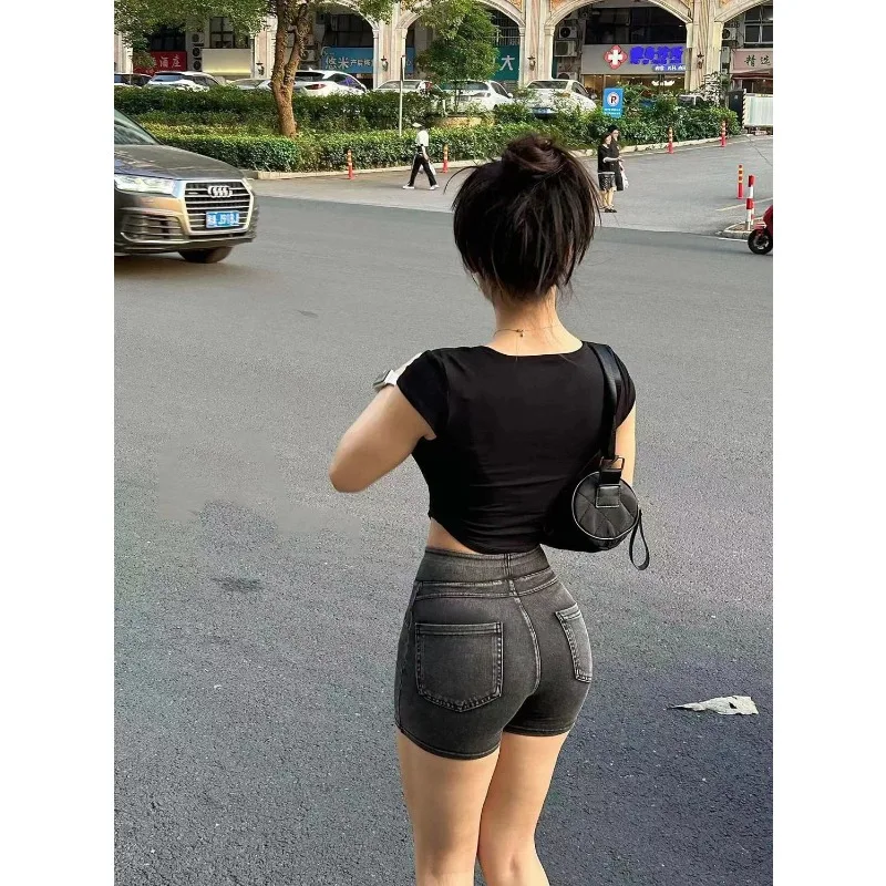 여성용 스포츠 데님 반바지 하이웨이스트 힙업 여름 얇은 타이트 피트니스 핫팬츠
