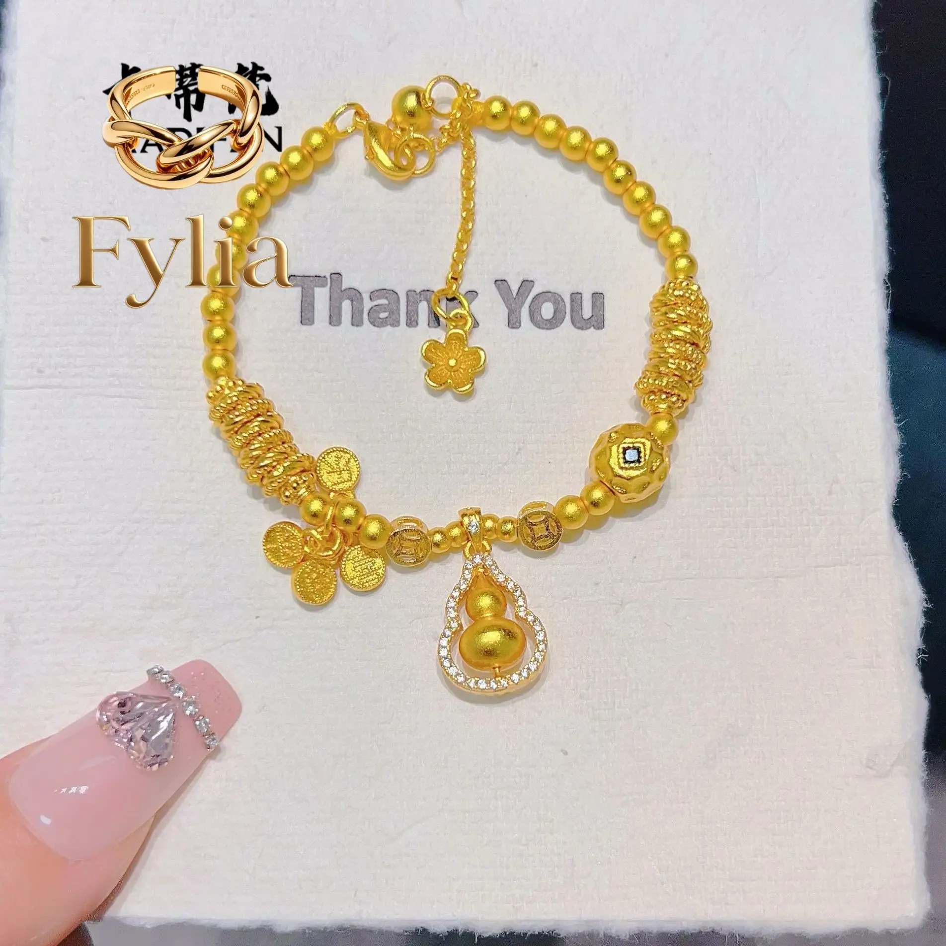 Fylia Jewelry  9999 24K real gold point drill rotating small gourd safe transport beads disk wrap bracelet women's high-end disk