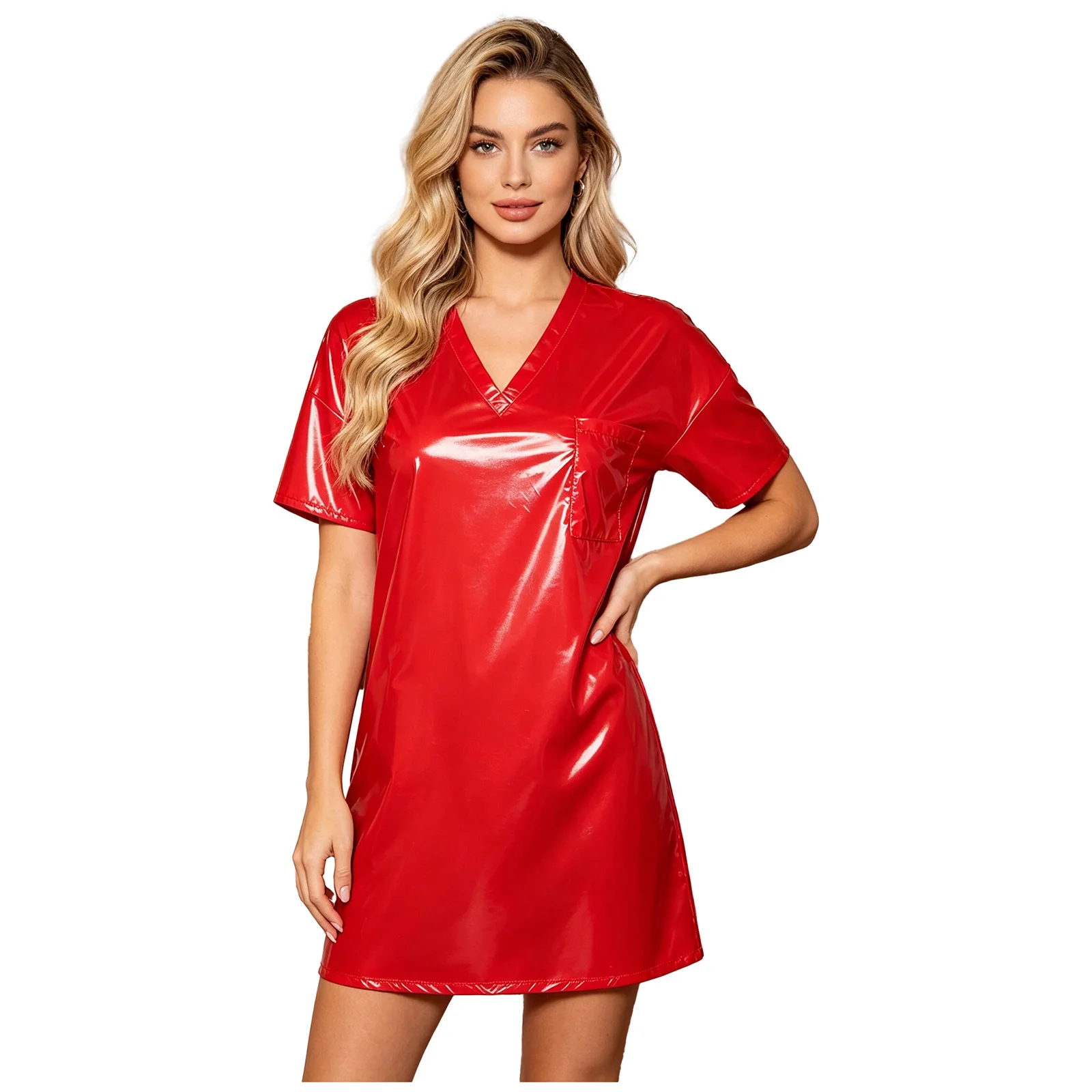 Women Waterproof Glossy Side Split Long Shirts Wet Look V Neck Short Sleeve Mini Dress T-shirt for Water Rave Parties Clubwear