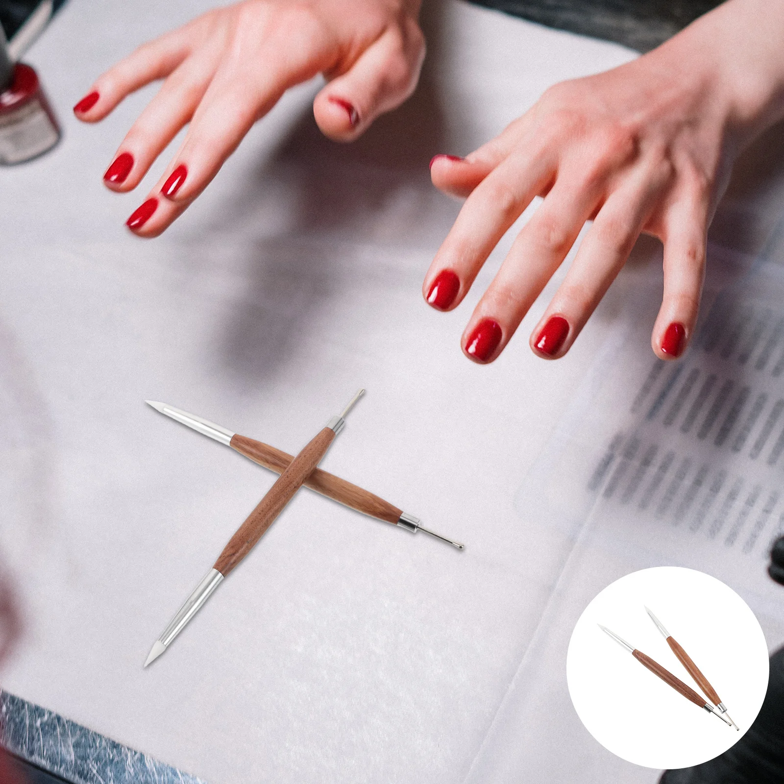 

2pcs Nail Art Tools Dual Ended Sandalwood Handle Precision Tip For Carving Embossing Dotting Japanese Craftsmanship Salon Diy