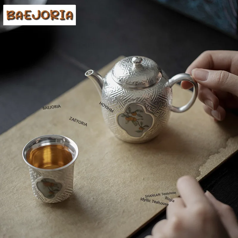 BAEJORIA Retro Gilded Silver Teapot Set Creative Persimmons Master Cup Set With Gift Box Ancient Tea Ceremony Set 1 Pot 1 Cup