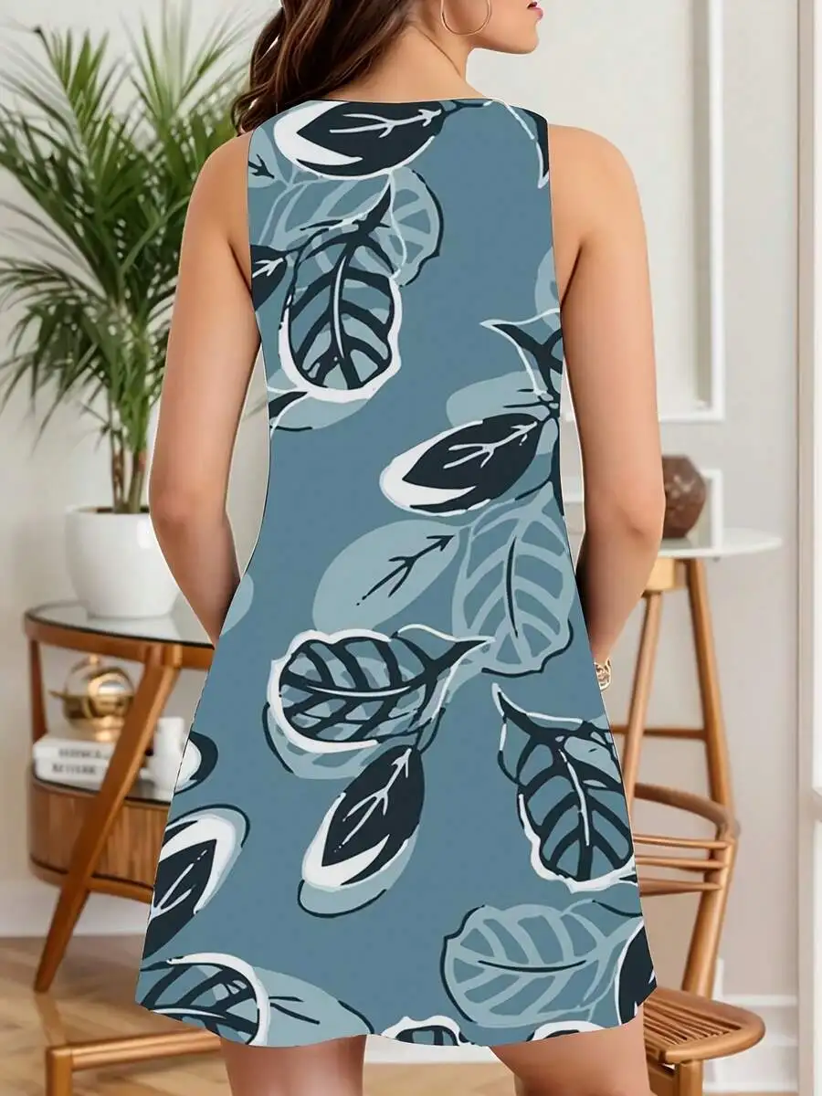 

Women Sleeveless Blue Leaf Print Summer Casual Dress For Beach Vacation