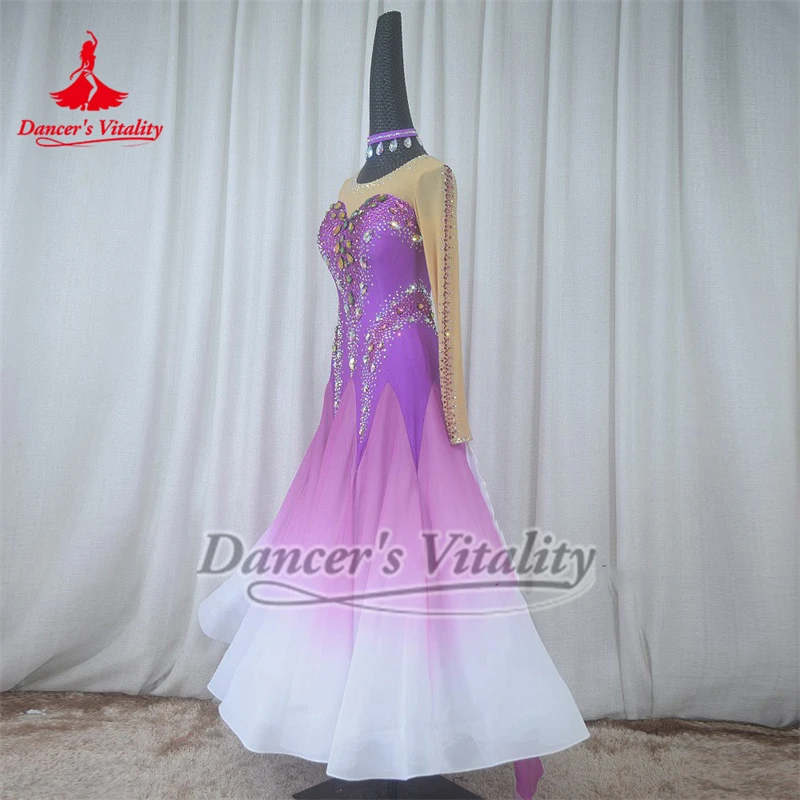 볼룸 댄스 전문 경쟁 드레스 하이 엔드 맞춤형 성인 라이트 퍼플-화이트 그라데이션 색상 AB 스톤 빅 스윙 드레스