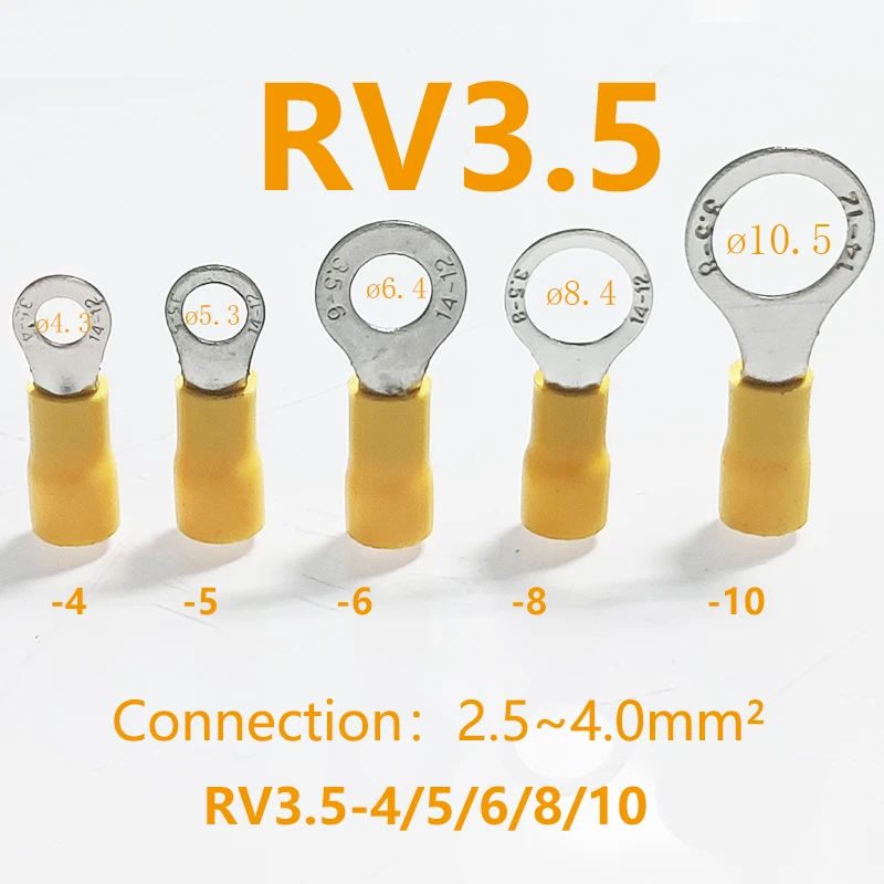 

20PCS Brass Crimping Terminal RV3.5-4/5/6/8/10 Insulated Ring Connector AWG14-12 Tubular Cable Lug Wire Insert 2.5-4.0mm² Max37A