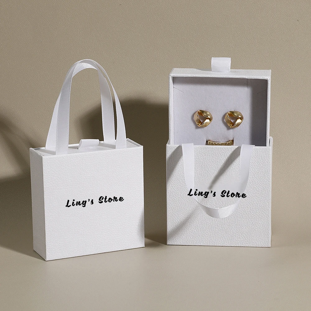 Custom Logo White Luxury Small Sliding Drawer Gift Perfume Paper Shopping Bag For Jewelry Bracelet Box With Satin Ribbon Handle