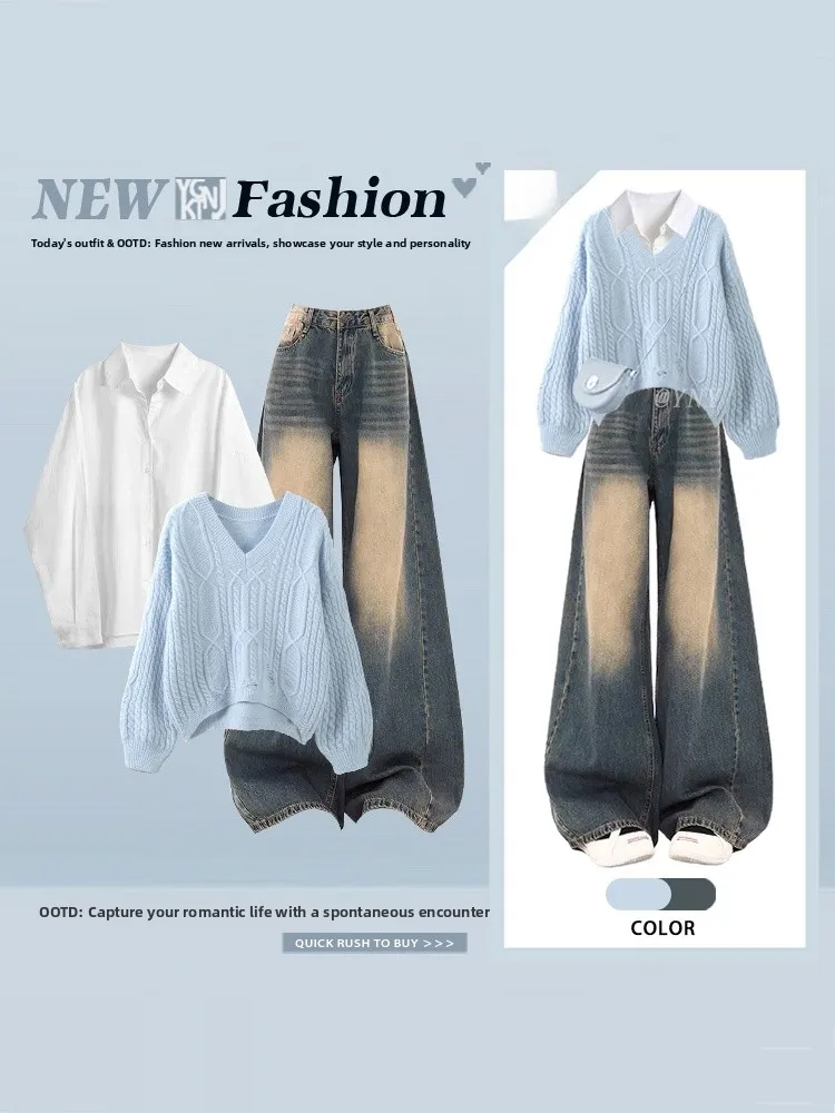 

Korean Gentle Knitted Sweater High Waist Wide Leg Jeans Set Women's plus Size Slimming Faion Two Piece Set Autumn Winter Ca...