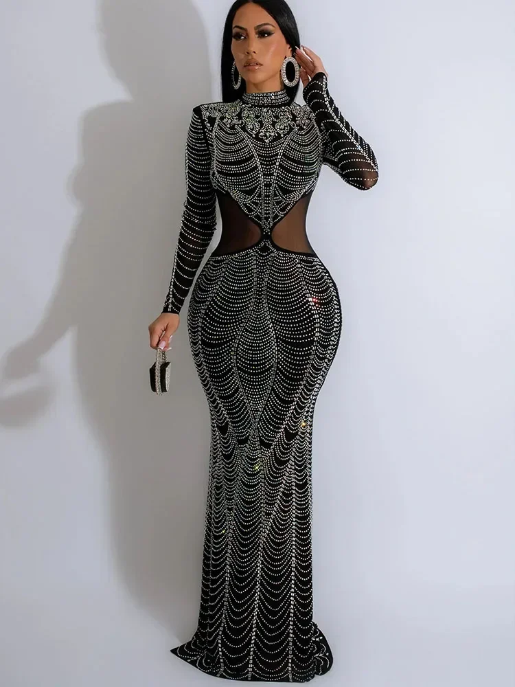 

Sparkly Diamonds Long Sleeve Bodycon Maxi Dress Women Luxury Elegant Mesh Sheer Patchwork Slim Mermaid Celebrity Evening Dresses