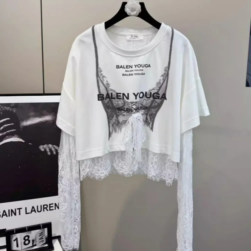 Sexy Lace Fake Two Piece Pullover Shirts Corset Pattern Graphic T-shirts Loose Punk Goth Y2K Crop Tops Young Women Sweet Casual