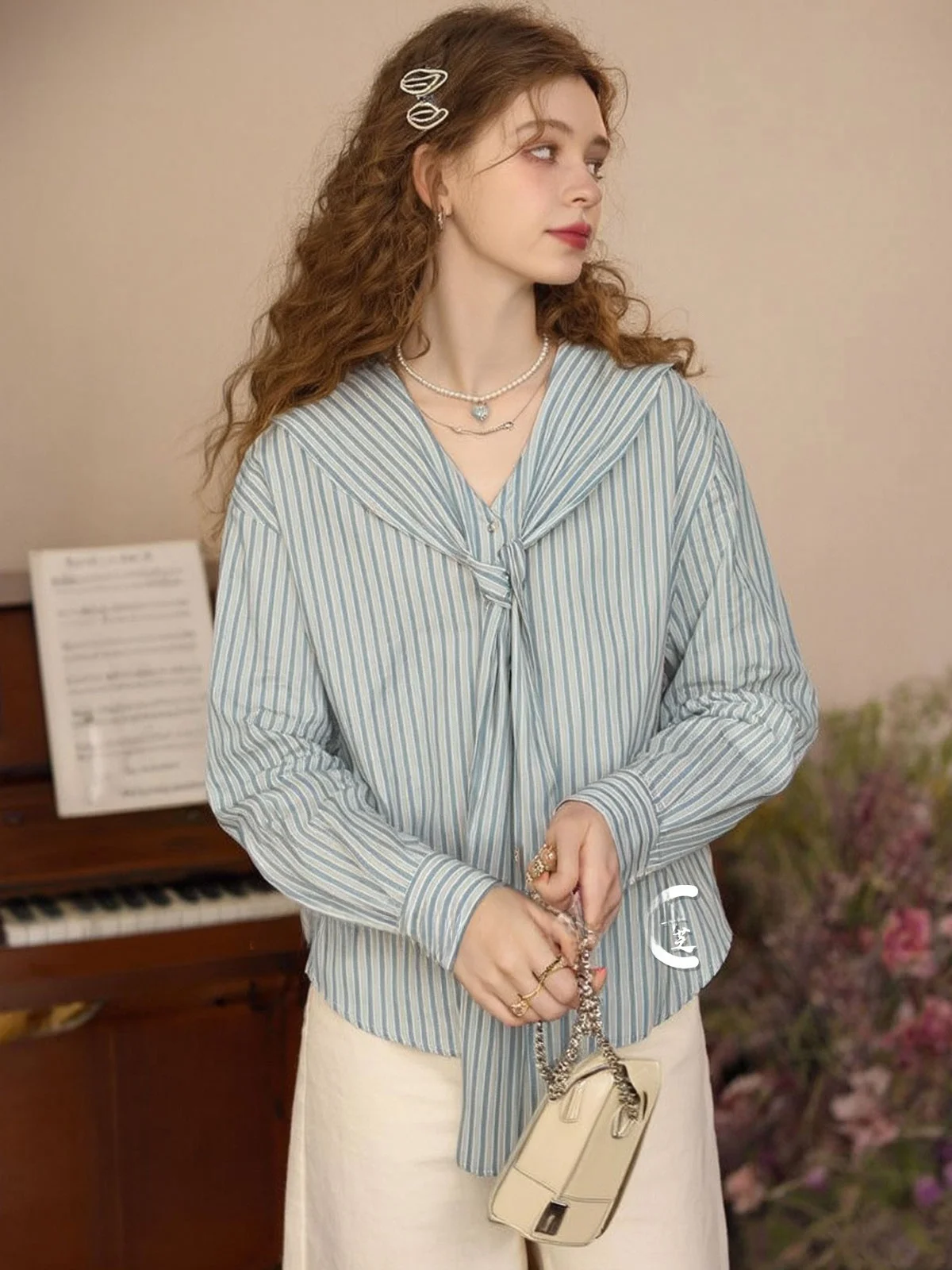 

ZhuoZhi Gentle Breeze Naval Collar Striped irt Spring 2026 New Sle Belt Design Ele Commuting Top Women's Faion