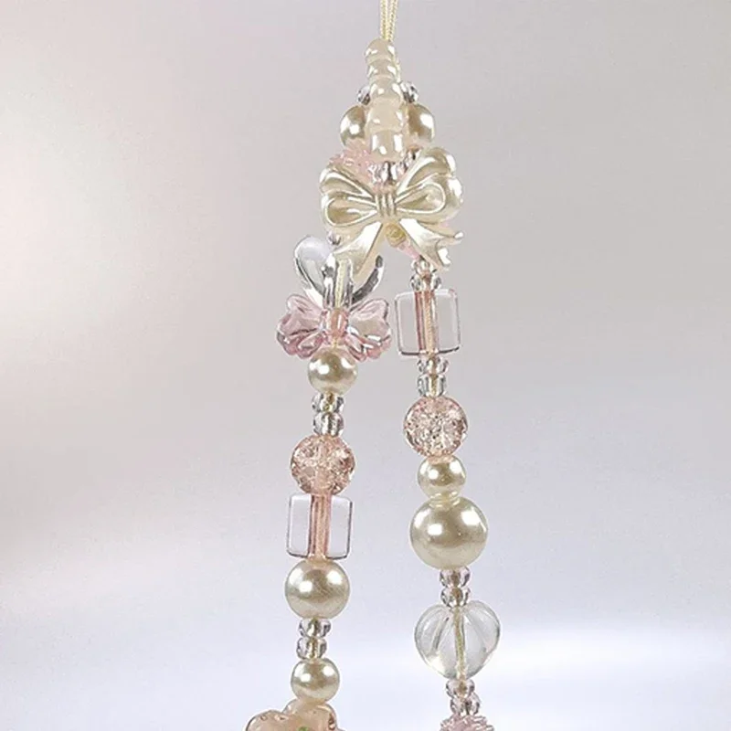 Cute Glass Bowknot Flower Bead Phone Strap Charm Chain Knot Cellphone Lanyard Keychain Girl Bag Camera Pendant for Airpods Case