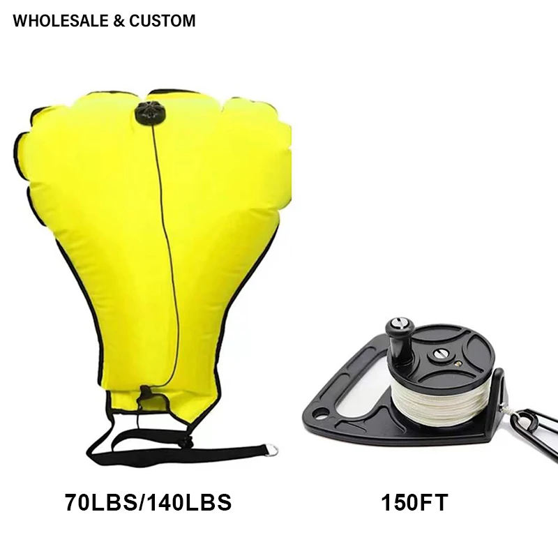 

Wholesale Custom Dive Scuba Lift Bag 70lb High Visibility Open Bottom Dump Valve Include 150ft Spool Roller ABS Dive Fitting SET