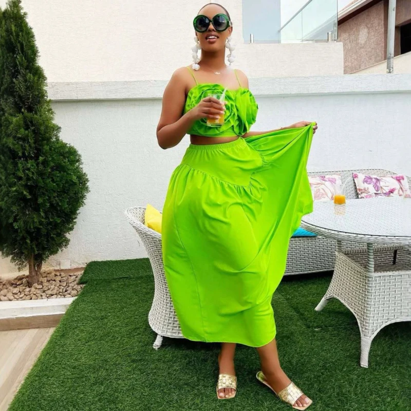 New African Fashion Women Summer Dress Set Sexy 3D Flower Spaghetti Strap Crop Top Vest And Skirt Set