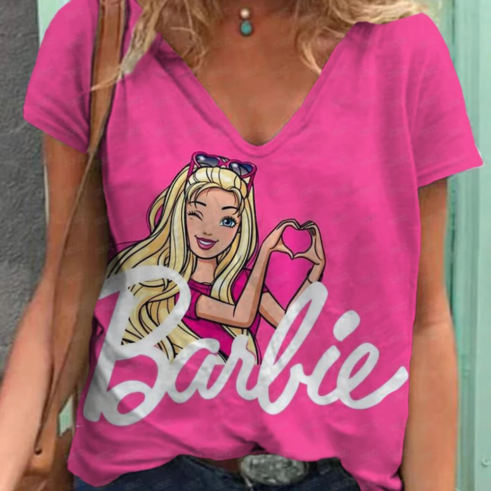 Women\'s T-shirt Kawaii Barbie Princess Print 3D T-shirt Top Fashion Y2k Short sleeved T-shirt V-neck Women\'s Clothing Large Summ