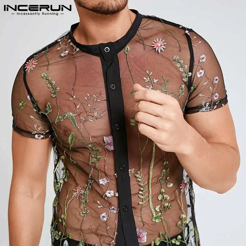 INCERUN-camisas de malla bordadas de manga corta para hombre, camisa Sexy transparente con botones, transpirable, para fiesta, club nocturno, 5XL,