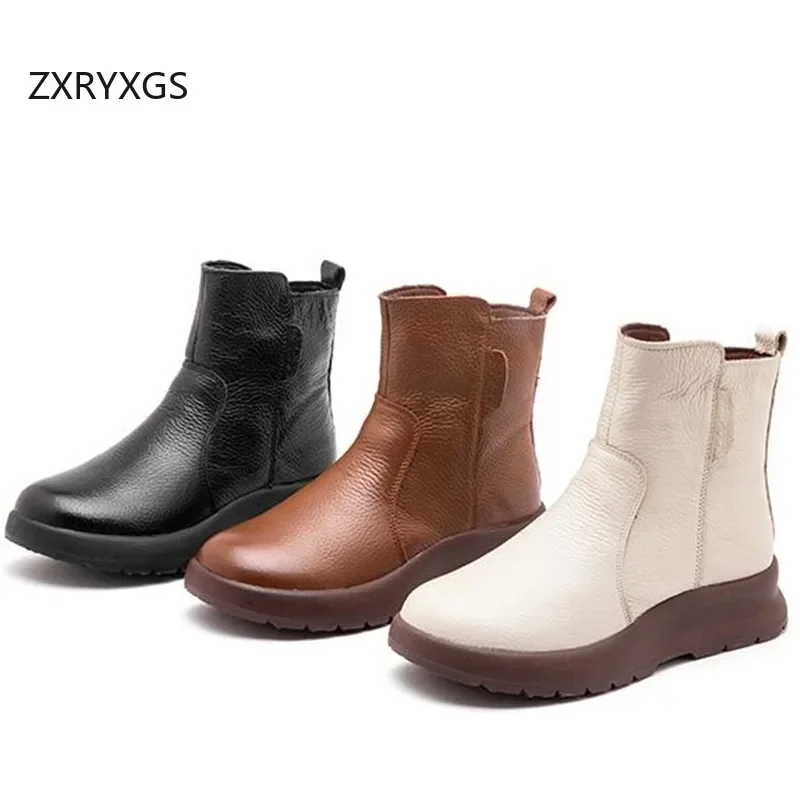 ZXRYXGS 2024 Inverno Nuovo Cuoio Genuino Stivali da Donna Cerniera Laterale Pendenza Piatta Tacco Scarpe di Cotone Casual Stivali da Neve di Lana Calda Marea