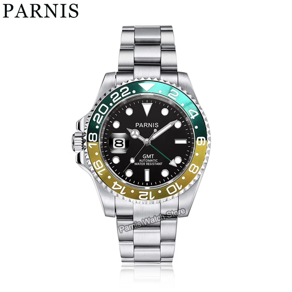 Parnis 40mm Sapphire Crystal GMT Automatic Movement Left Crown Men Boy Watch Luminous Marker Date Rotating Bezel