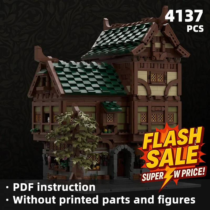 Uma estrutura de bloco de construção de taverna de madeira estilo fantasia com linhas decorativas retrô e uma exibição temática da cidade