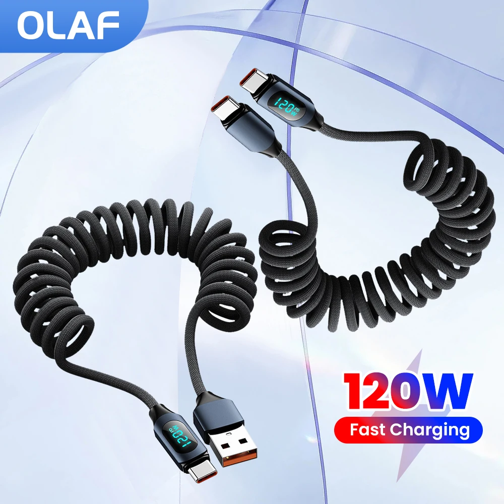 USB Type C 120W Car Fast Charging Type C to Type C Spring Telescopic Cable For iPhone 15 16 Samsung Huawei Xiaomi Redmi OnePlus