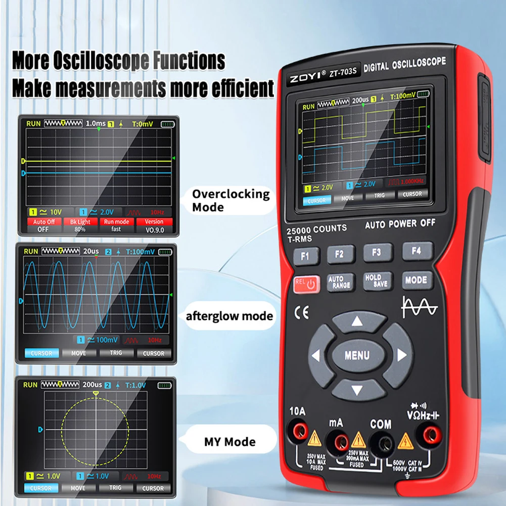 Osciloscópio ZOYI-Digital, 3in 1, Multímetro, Gerador de Sinal, Dual Channel, 50MHz Bandwidth, 280MS Sampling Rate, Multi Tester, ZT703S