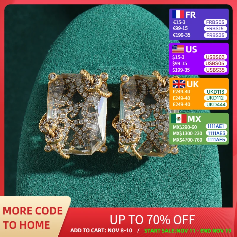 

Luxury Designer Transparent Crystal Earrings Stud Rhinestones Square Winding Gold Color Vintage Jewelry High Quality Accessories