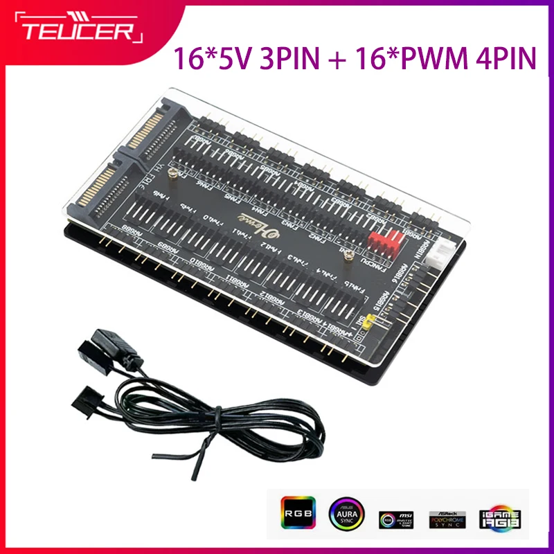 TEUCER ARGB/PWM 2 in 1 HUB 5V 3Pin Intelligent Temperature Control Chassis Fan Multi Splitter Fan Hub 11/16 Way Magnetic Suction