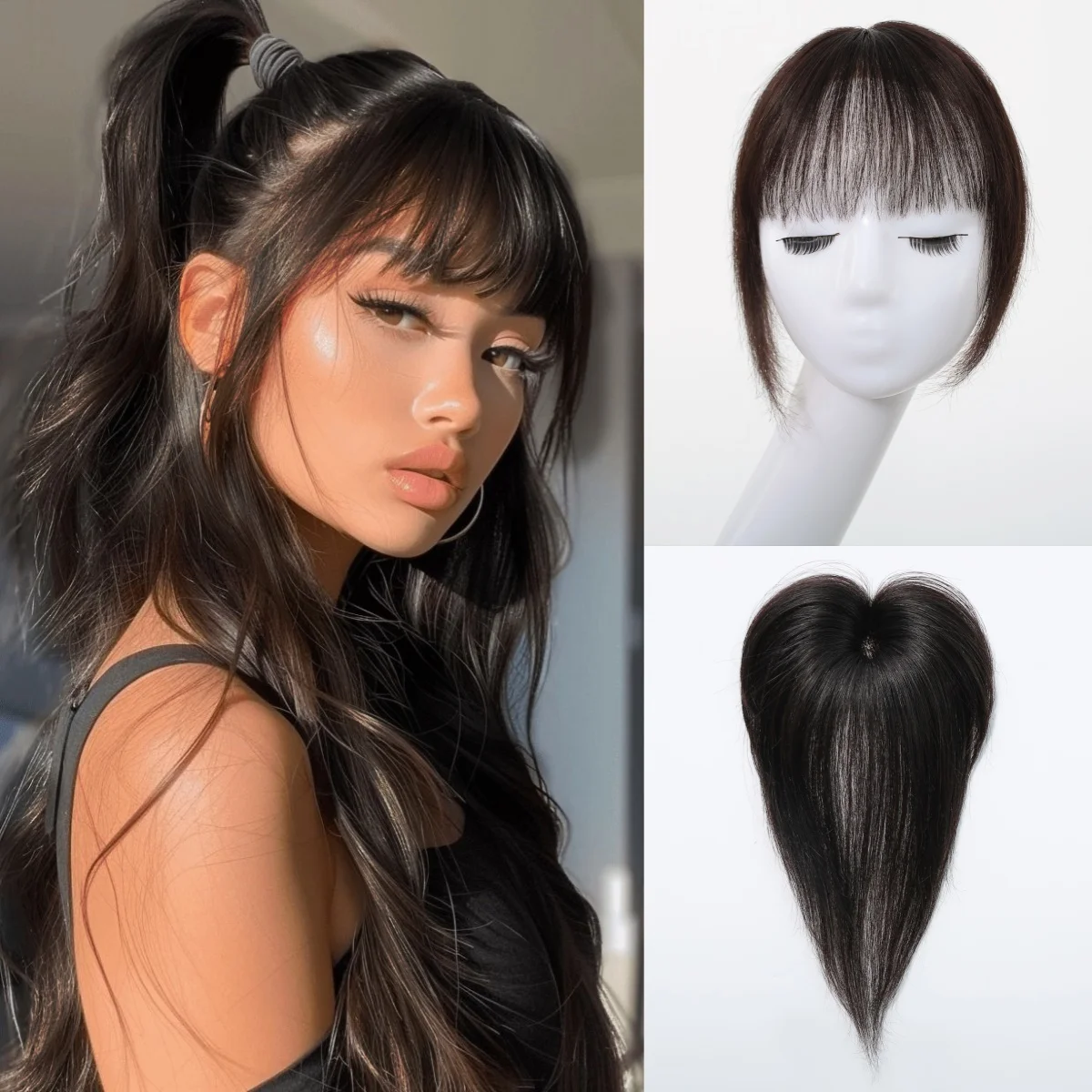 

Черный топпер из натуральных человеческих волос, 2 зажима для наращивания волос с воздушной челкой, 100% настоящие человеческие волосы для женщин, ежедневные с выпадениями волос