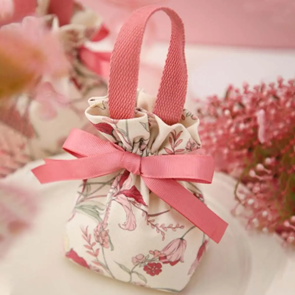 Tope Handle Canvas Drawstring Bag Floral Korean Style Bowknot Handbag Jewerly Packing Bag Coin Purse Wallet Flower Wrist Bag