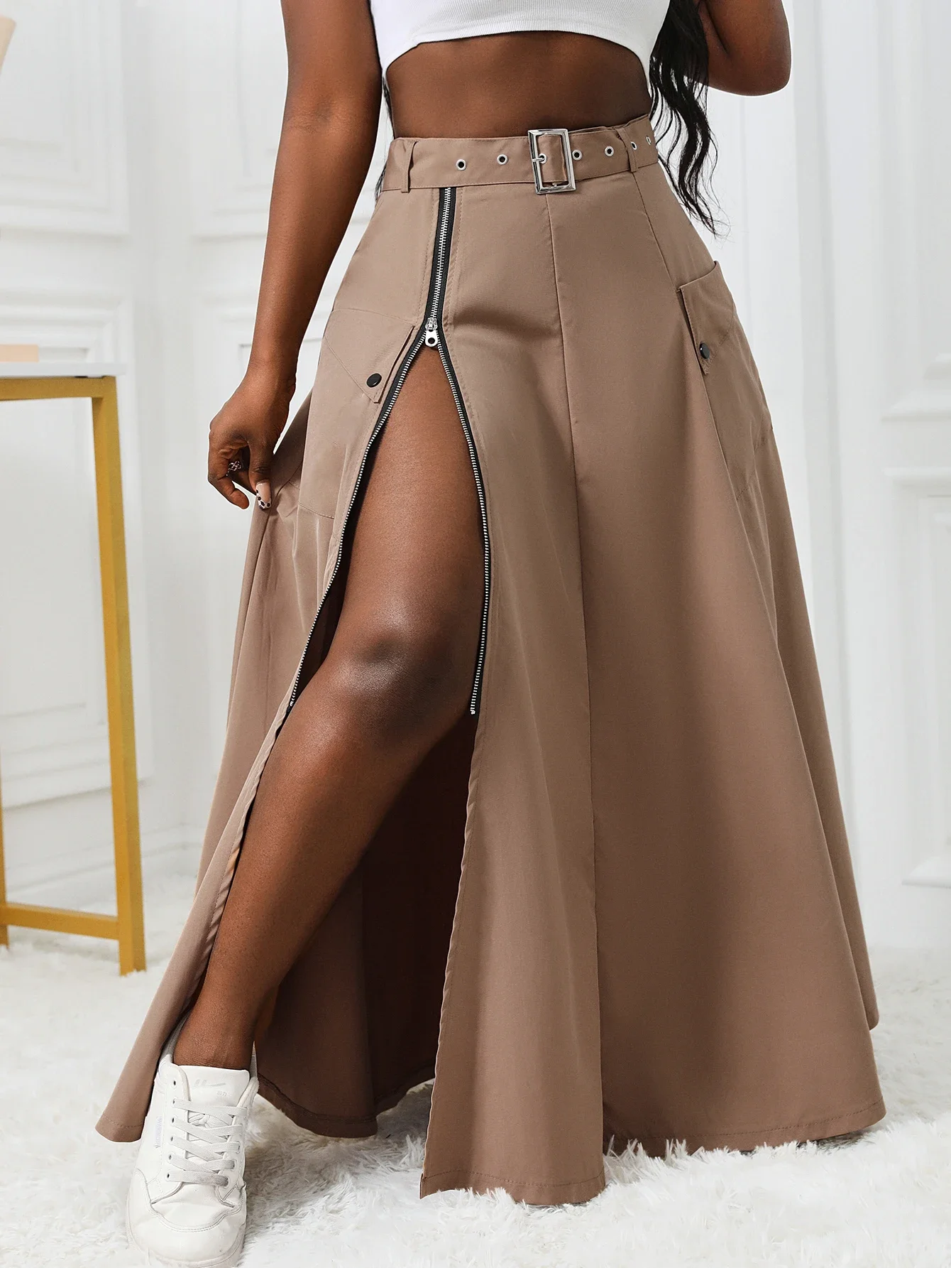 

Pop Directional Street Style Ladies Front Split Zipper Cargo Skirt Fashion Sensual Belt Cargo Skirt Apron Skirt