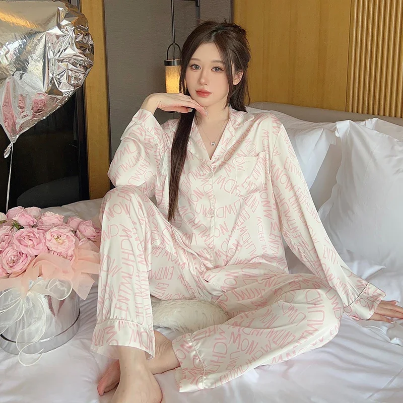 Aesthetics Art Print Simulated Silk Women\'s Pajamas 2024 New Spring Fashion Female Home Lounges Classy Long Sleeve Pant Homewear