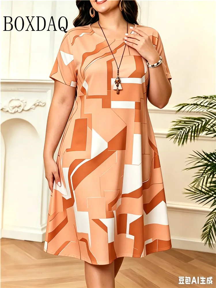 Geometric Design Pattern Print Women Dress Summer Fashion High Quality Casual Short Sleeve Round Neck Loose Home Dress Plus Size