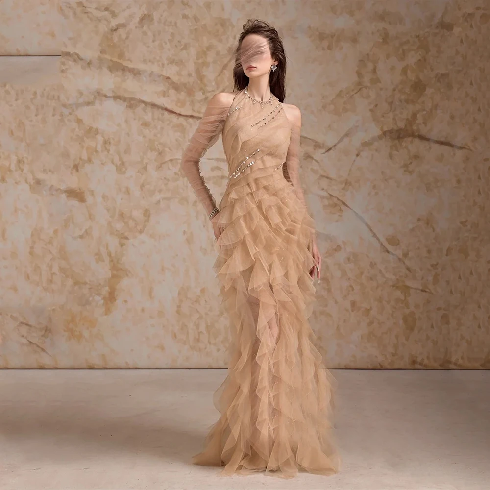 

Customized Retro Tulle Tiered Pleat Rhinestone A-line Off-the-shoulder Long Dresses Bespoke Occasion Dresses Fashion Exquisite