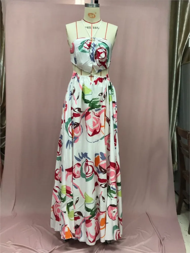 Women's Deep V-neck Printed Dresses Fashion Elegant Halter Neck Long Vestidos Sexy Slim Backless Lace-up Female Beachwear Summer