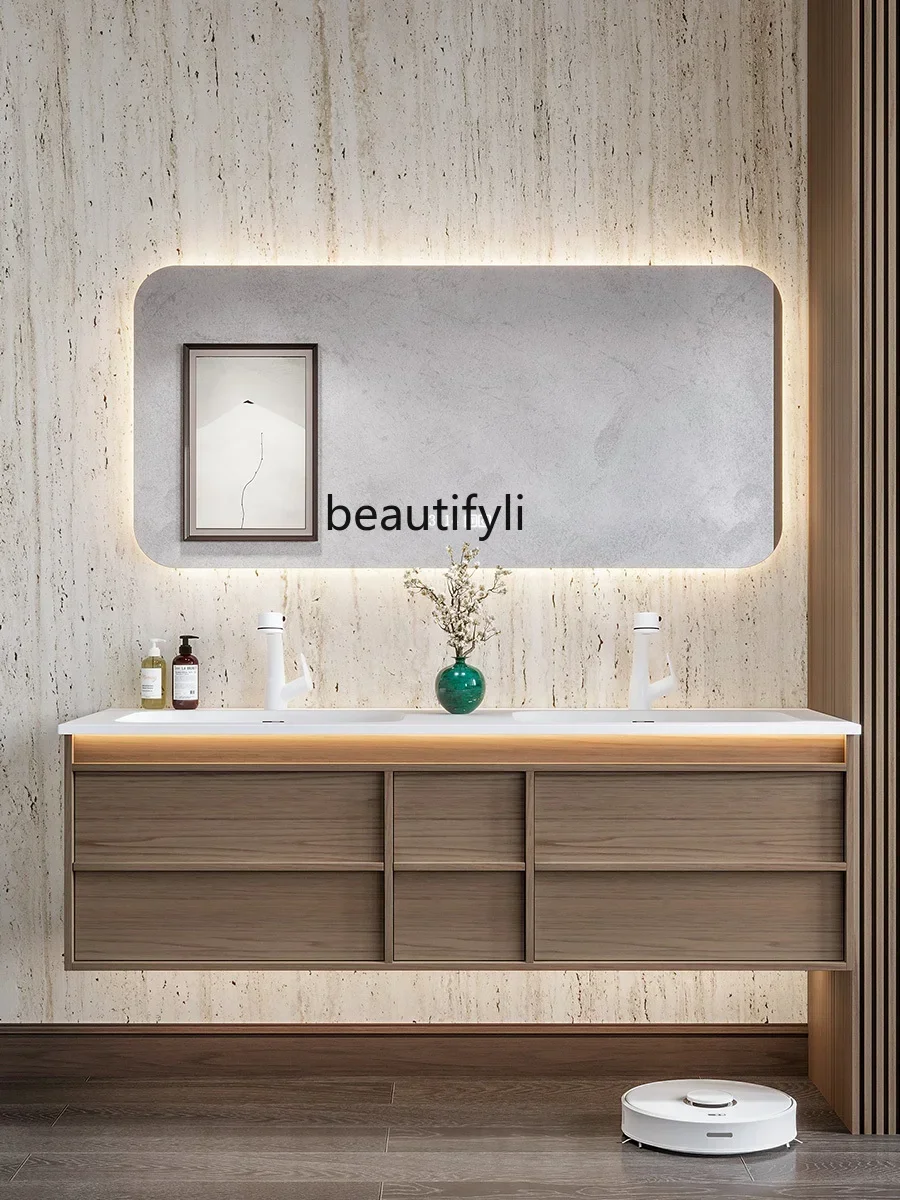 

lt Walnut Color Integrated Double Basin Hanging Simple Bathroom Cabinet Combination Bathroom Wash Basin