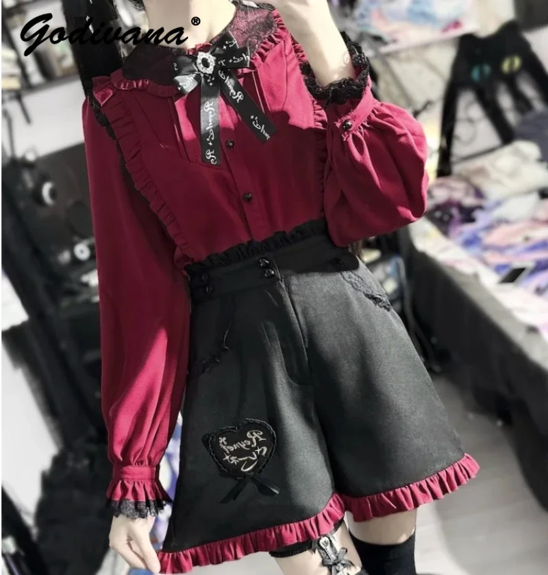 Mine Series Mass-Produced Lolita Lace Bow Tie Long Sleeve Shirt Blouse and Shorts 2 Piece Set Spring Girl Women\'s Y2k Shorts Set